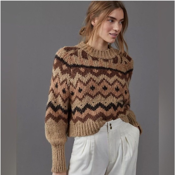 Zara Sweaters - ZARA Fair Isle Tan/Brown Neutrals Carson Geometric Wool Blend Sweater Medium